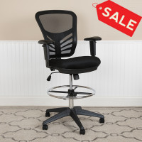 Flash Furniture HL-0001-1CBLACK-GG Mid-Back Black Mesh Ergonomic Drafting Chair with Adjustable Chrome Foot Ring, Adjustable Arms and Black Frame